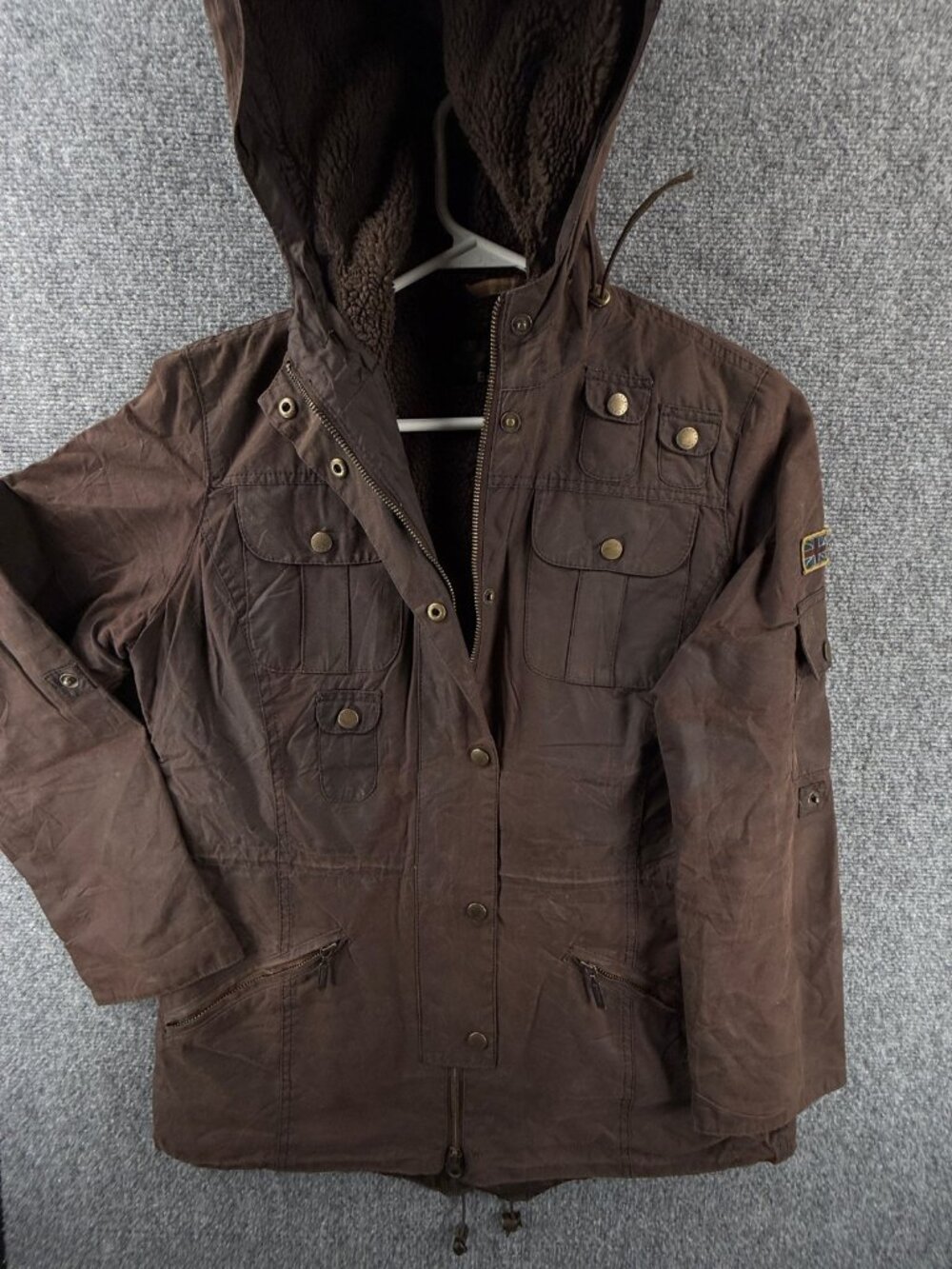 Barbour WINTER FORCE PARKA Wax Jacket Size 8 Women Fleece Lined Canvas Brown